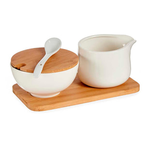 Set de azucarero y lechera de cerámica con base y tapa de bambú. 180ml de capacidad.