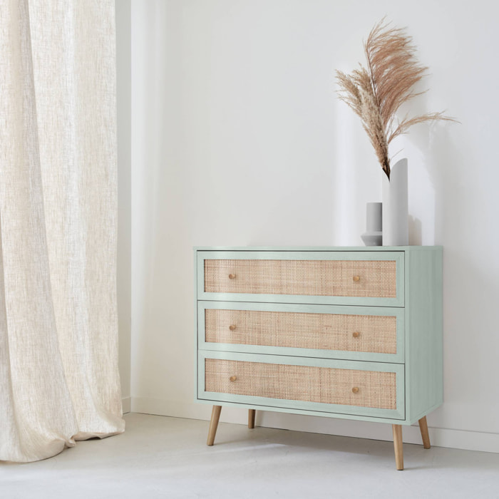 Commode en décor bois vert céladon et cannage 90x39x79cm - Bohème - 3 tiroirs