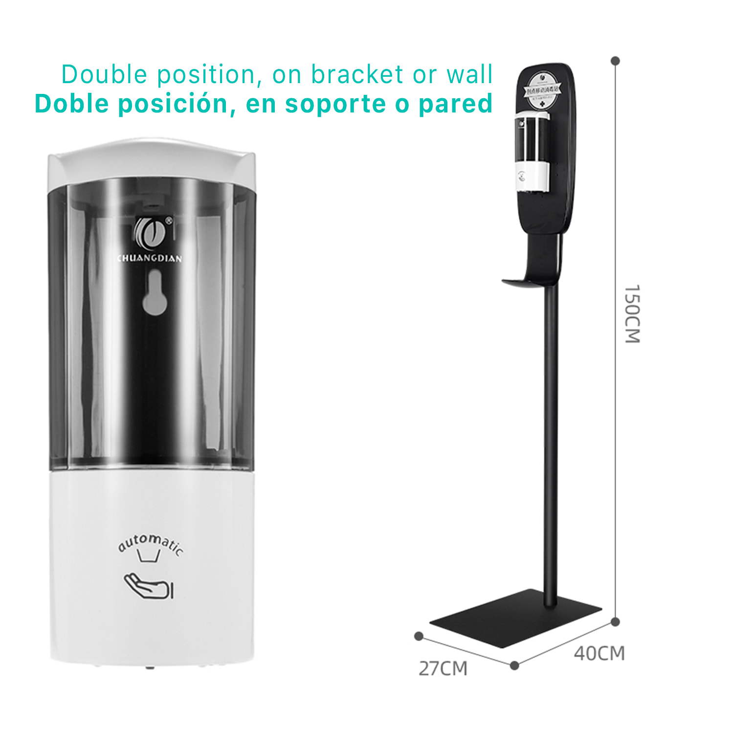 Dispensador automático por infrarojos de gel hidroalcohólico de 500 ml con soporte de pie y de pared.