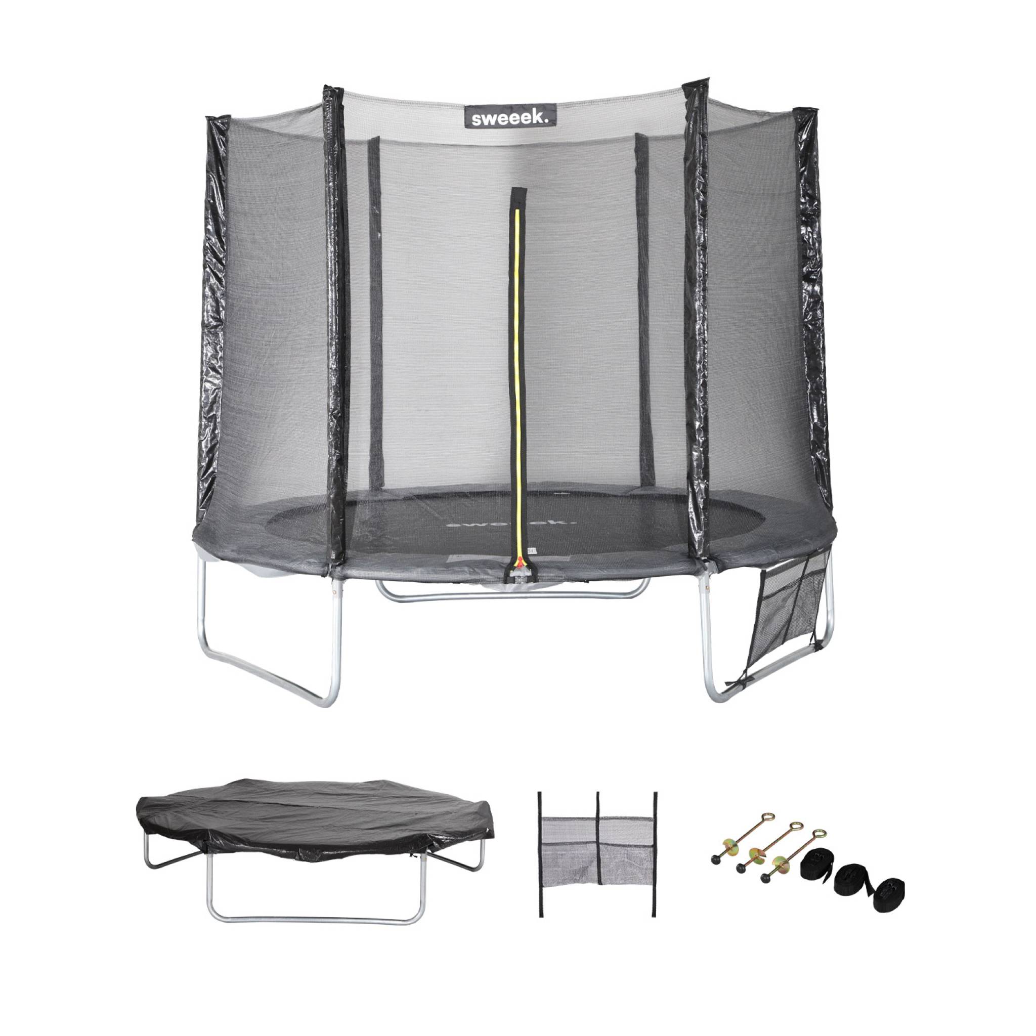 Trampoline 250 cm. gris. avec filet de protection. bâche. filet pour chaussures. kit d’ancrage