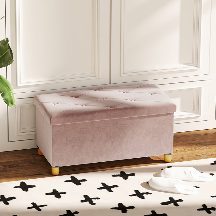 Banc coffre style Chesterfield effet capitonné dim. 76L x 38l x 38H cm piètement bois velours vieux rose