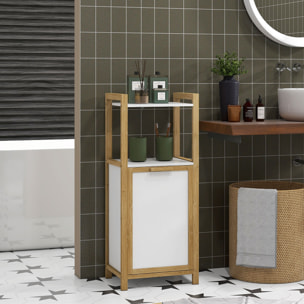 Meuble bas de salle de bain sur pied - 2 étagères, panier à linge - dim. 40L x 30l x 86,5H cm - bambou MDF blanc