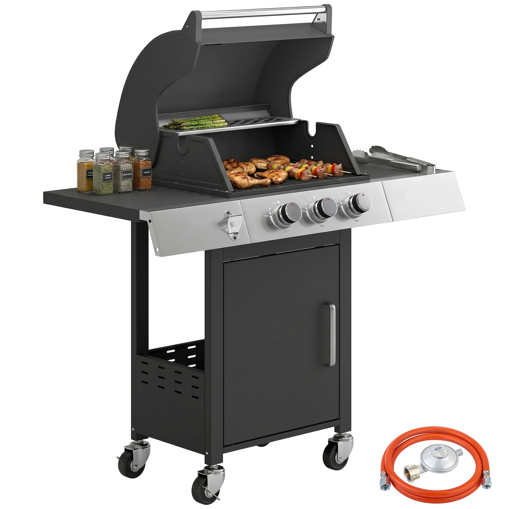 Barbacoa de Gas BBQ Gas con 3 Quemadores 8,1 kW Barbacoa Portátil con Termómetro Mesas Laterales Armario Rejilla Calentadora Parrillas de Hierro Fundido Recogedor Grasa y 4 Ruedas Negro