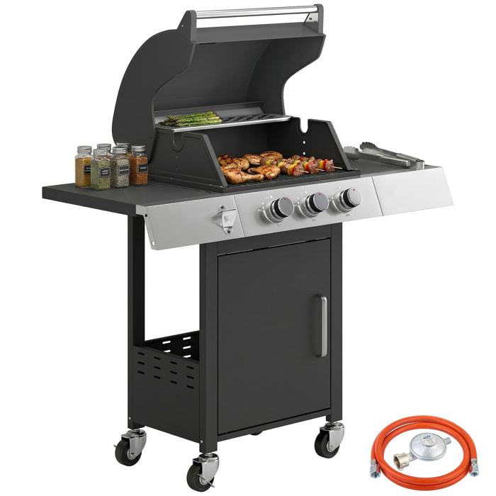 Barbacoa de Gas BBQ Gas con 3 Quemadores 8,1 kW Barbacoa Portátil con Termómetro Mesas Laterales Armario Rejilla Calentadora Parrillas de Hierro Fundido Recogedor Grasa y 4 Ruedas Negro