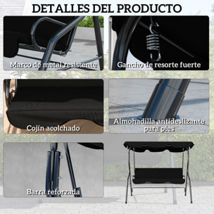 Columpio de Jardín de 2-3 Plazas, Balancín de Exterior con Toldo Ajustable en Ángulo, Impermeable y Marco de Acero, para Patio, Balcón, 170x110x153 cm, Negro