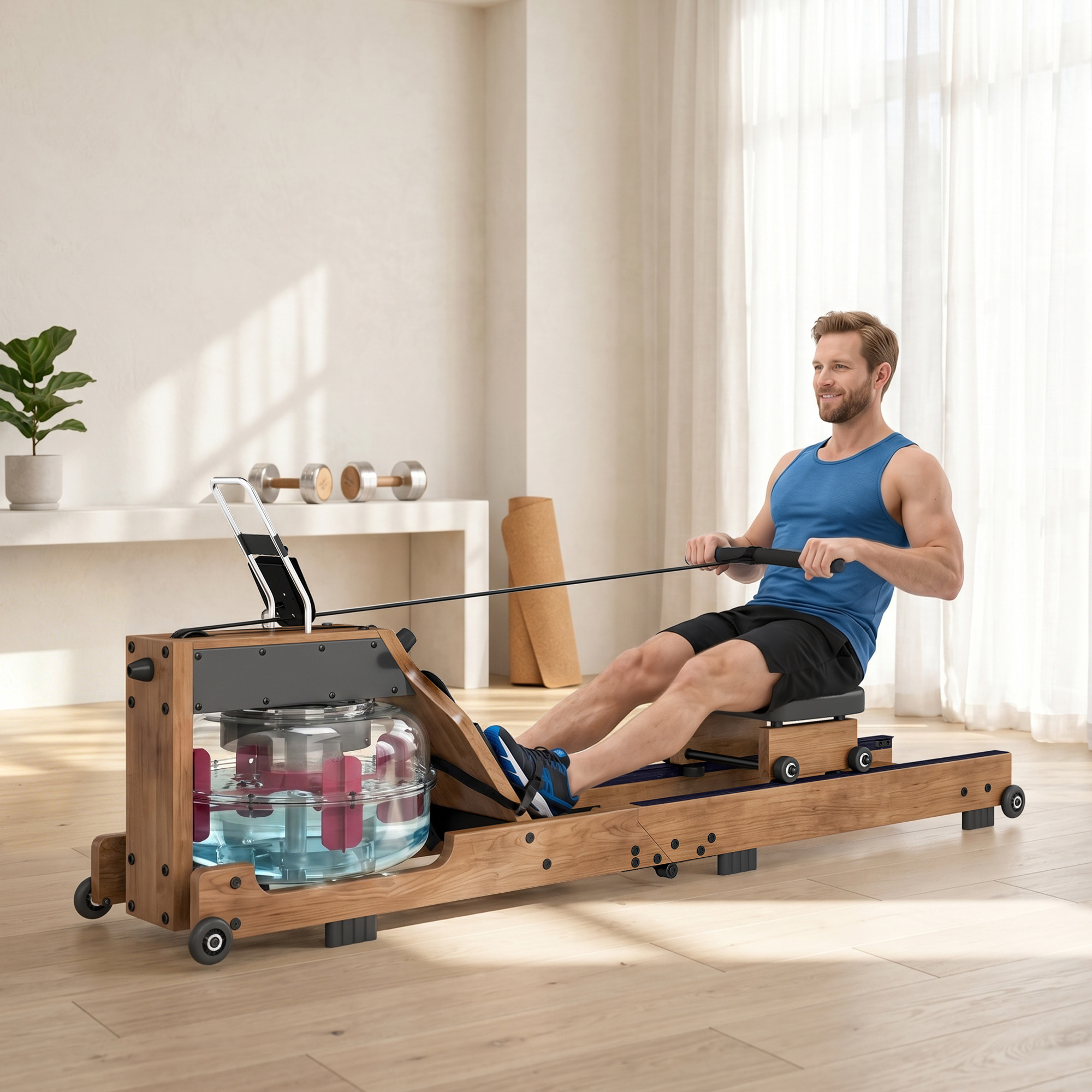 Rameur à eau pliable résistance réglable 8-14L alu bois coloris chêne