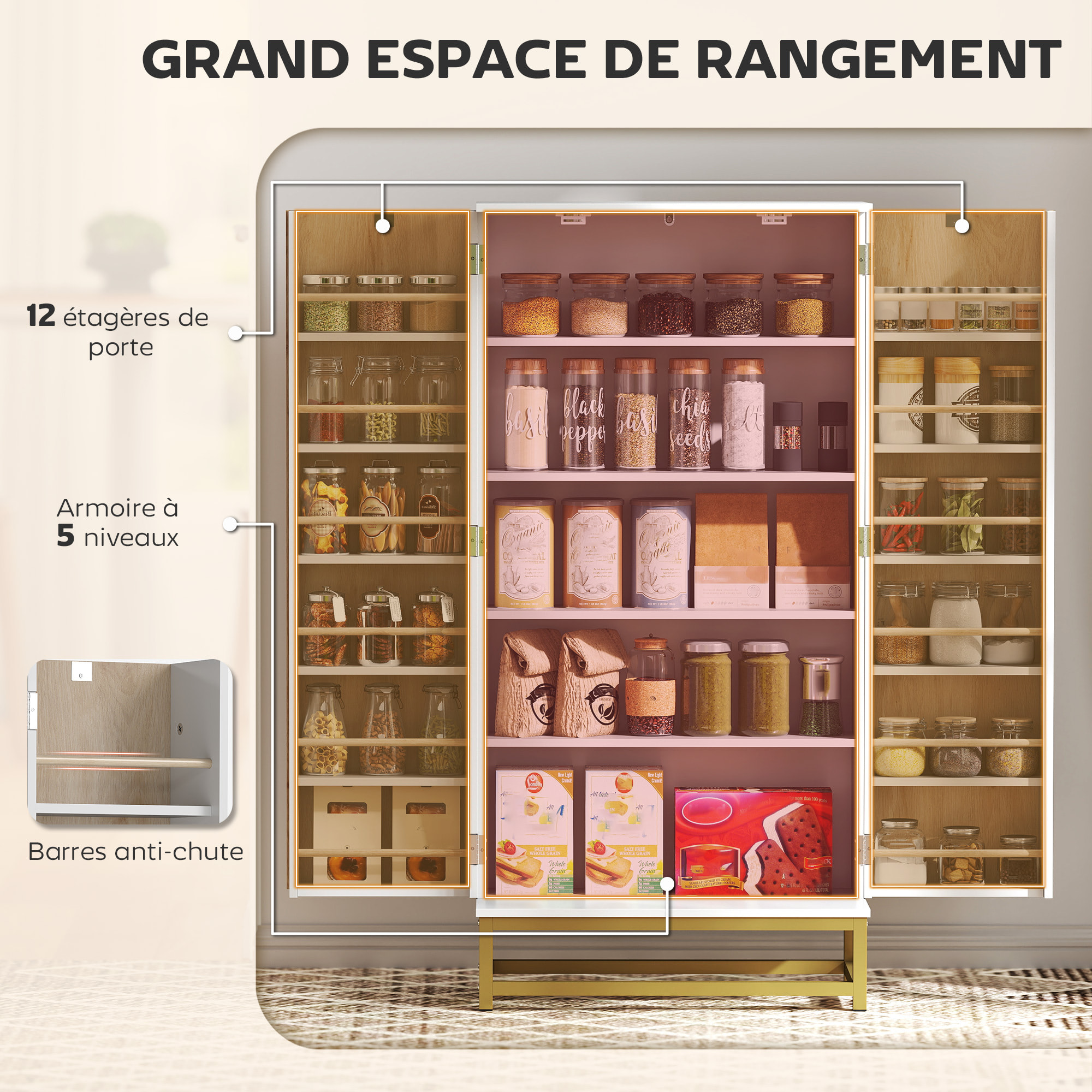 Armoire de cuisine design 2 portes effet claustra bois - 12 étagères de porte + 4 étagères internes - acier doré blanc