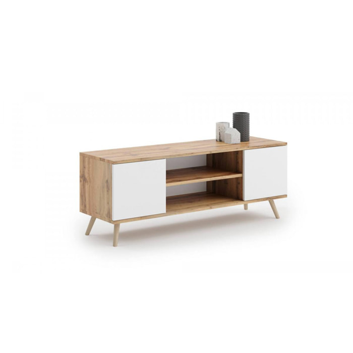 Mobile porta tv con 2 ante e 1 ripiano centrale, Credenza con piedini, Buffet da soggiorno in stile scandi, cm 155x40h50, colore Bianco e Acero