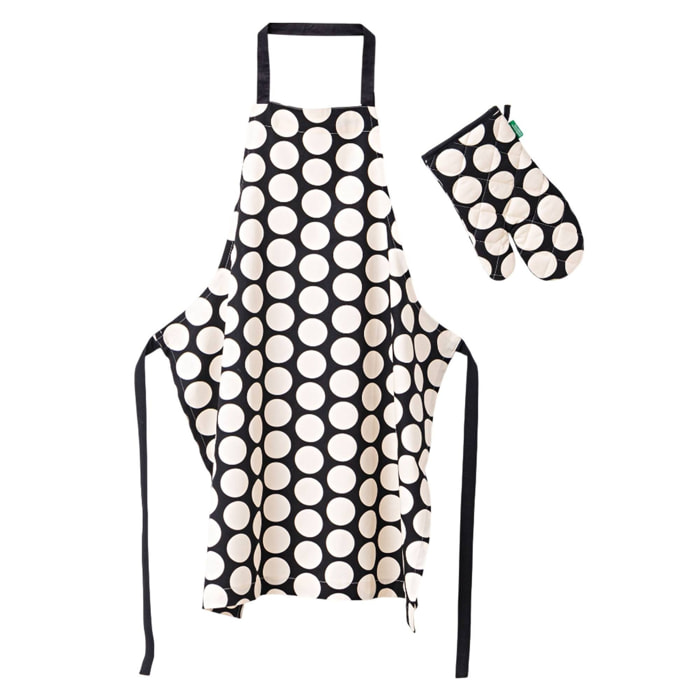 Set de guante de horno + delantal 100% algodón con topos blancos benetton
