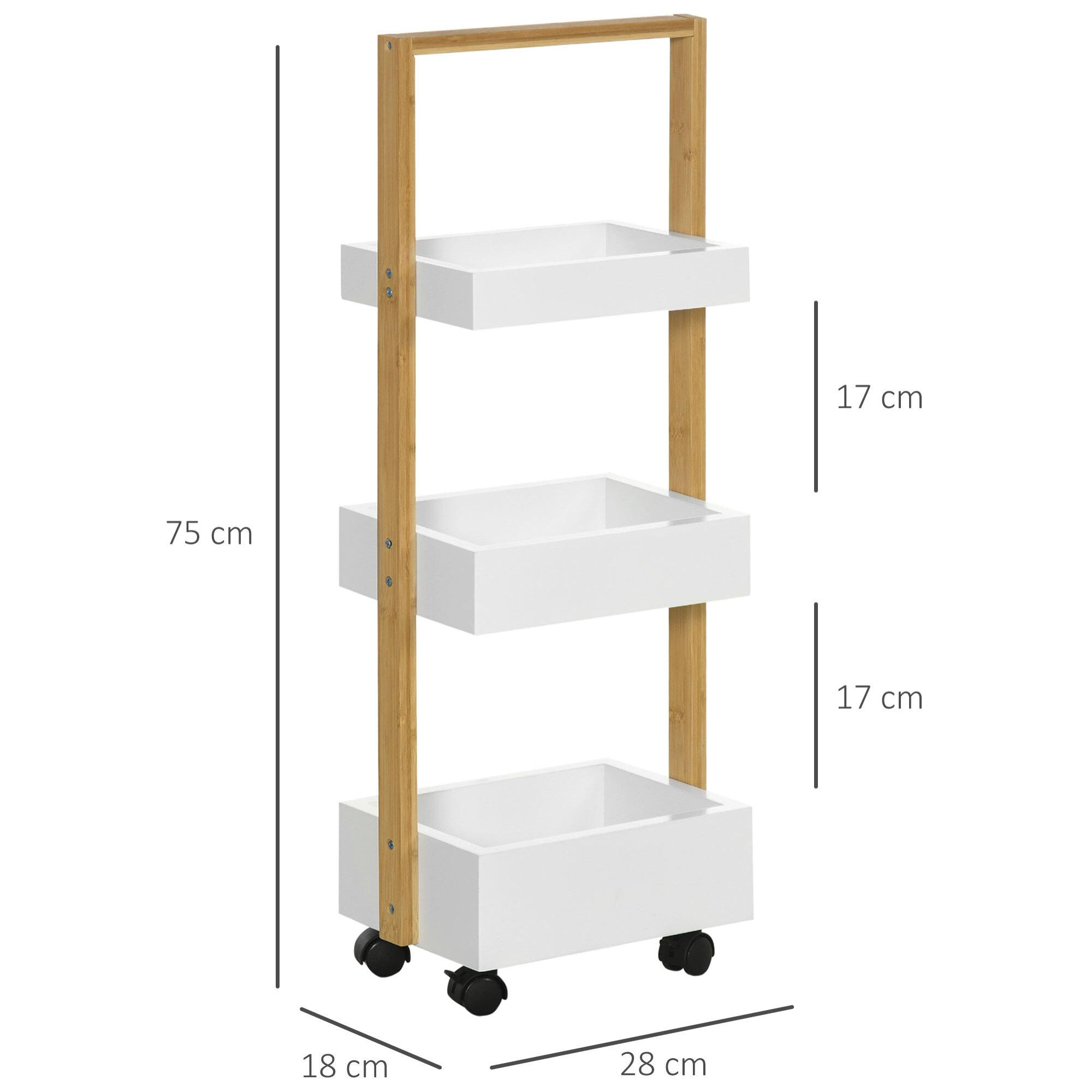 Carrito de Almacenamiento de Bambú Carrito Auxiliar con Ruedas Carrito de Cocina con 3 Cestas y Asa para Salón Baño 28x18x75 cm Blanco y Natural