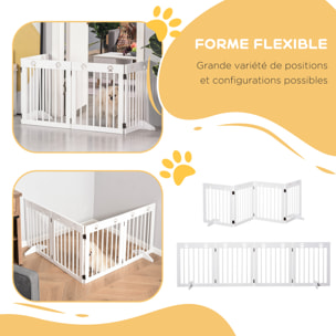 Barrière de sécurité pour animaux - barrière modulable pliable 4 panneaux - motif patte - 2 pieds support - bois de pin blanc