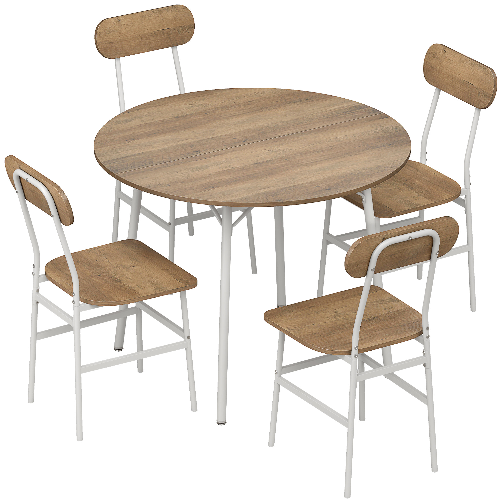 Ensemble table à manger ronde 4 chaises dia. 1 m métal blanc effet bois naturel