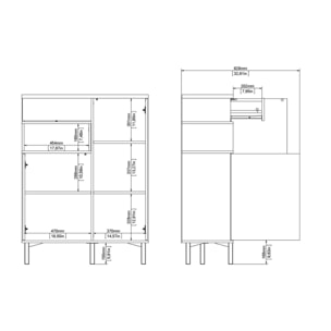 Credenza a due ante e un cassetto, colore bianco con un vano di colore rovere, Misure 88 x 118 x 36 cm