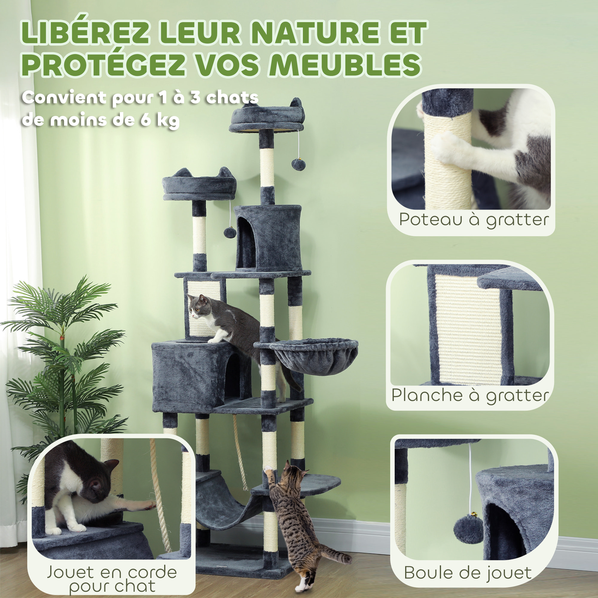 Arbre à chat grande taille H.206 cm équipement et accessoires multiples sisal naturel peluche gris