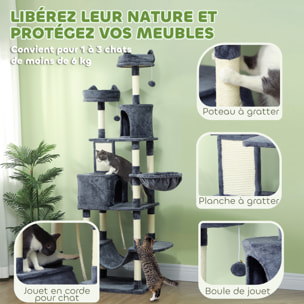 Arbre à chat grande taille H.206 cm équipement et accessoires multiples sisal naturel peluche gris
