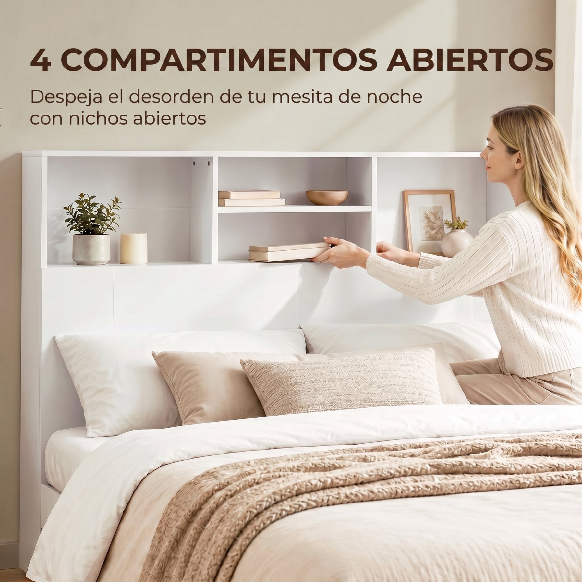 HOMCOM Cabecero de Cama 140 cm con Almacenaje, Cabezal de Cama con 4 Compartimentos Abiertos, Cabecero Moderno para Dormitorio, Blanco