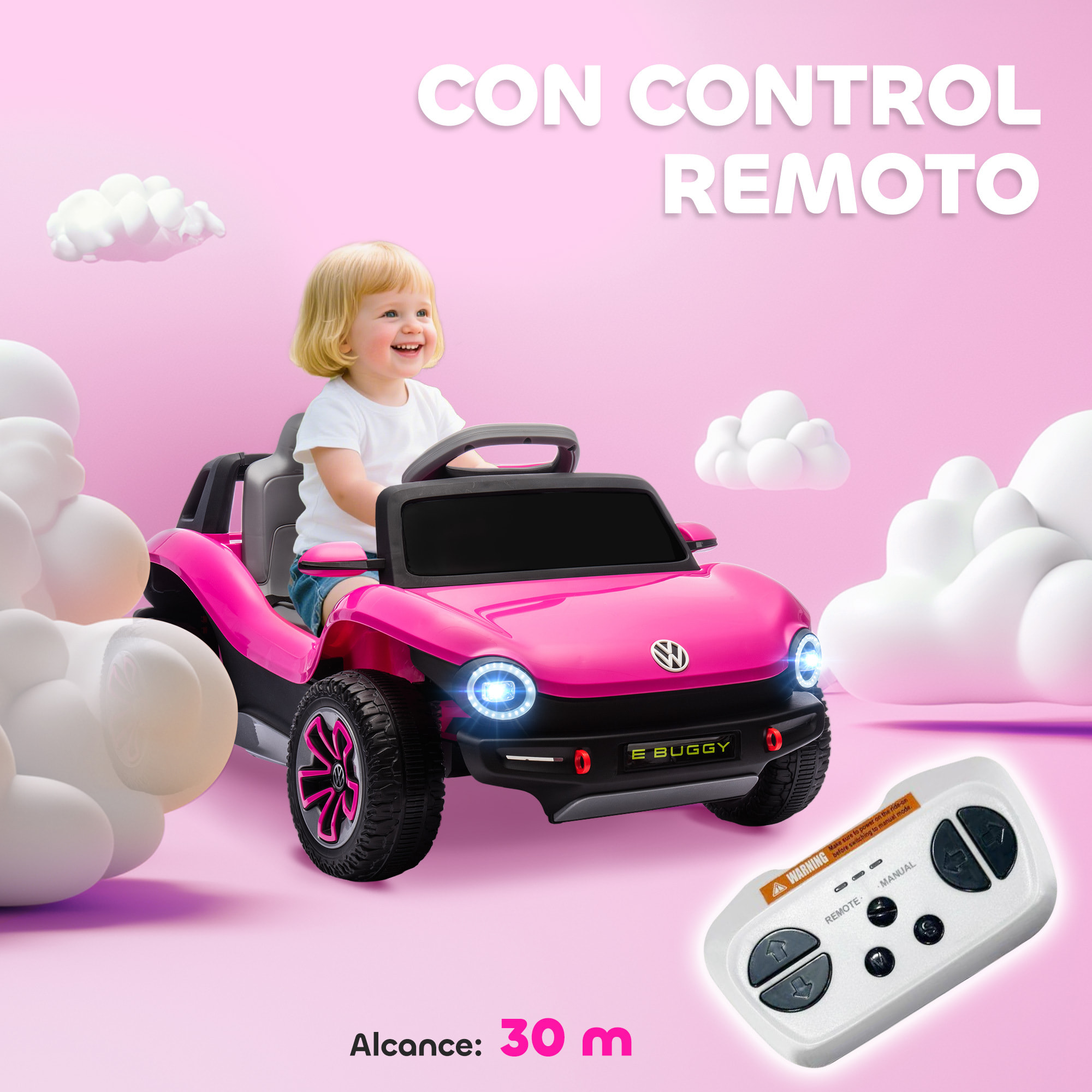 Coche Eléctrico para Niños de +3 Años, Volkswagen E-Buggy, Coche de Batería 12V, con Mando a Distancia 2,4 G, Ruedas con Suspensión, Faros LED, Música, USB, Motor Doble, Rosa