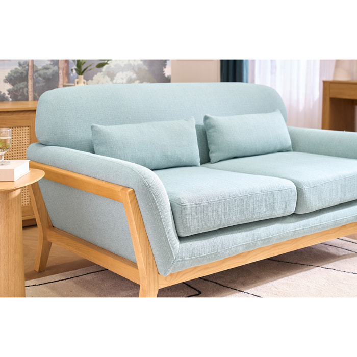 Canapé scandinave 2 places en tissu vert lagon et bois clair YOKO