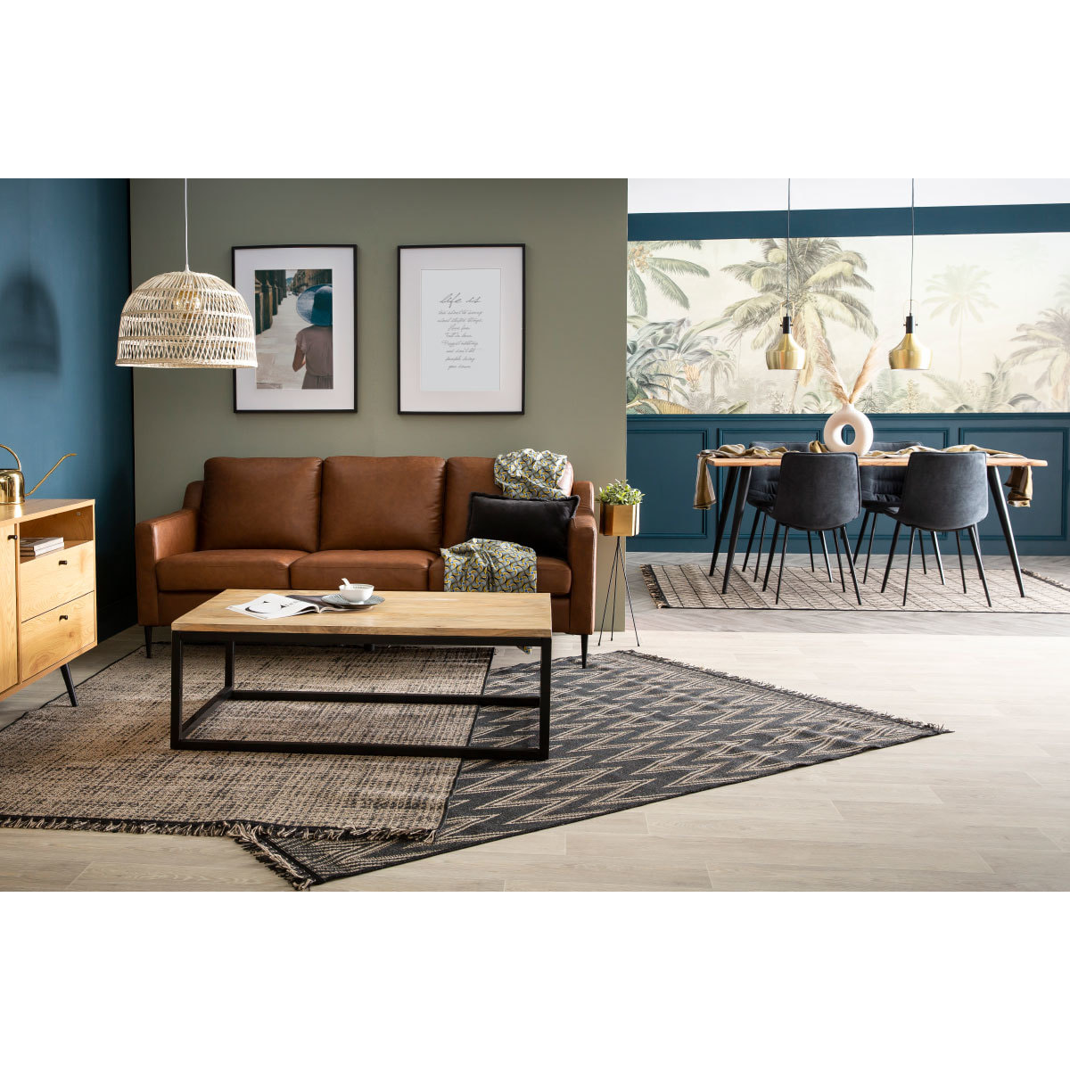 Table basse rectangulaire bois clair manguier massif et métal noir L120 cm FACTORY