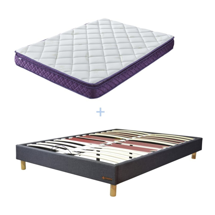 Ensemble Matelas Master & sommier déco| 100% Mémoire de forme | Surmatelas intégré | Cadre à lattes | Tissu | Gris foncé