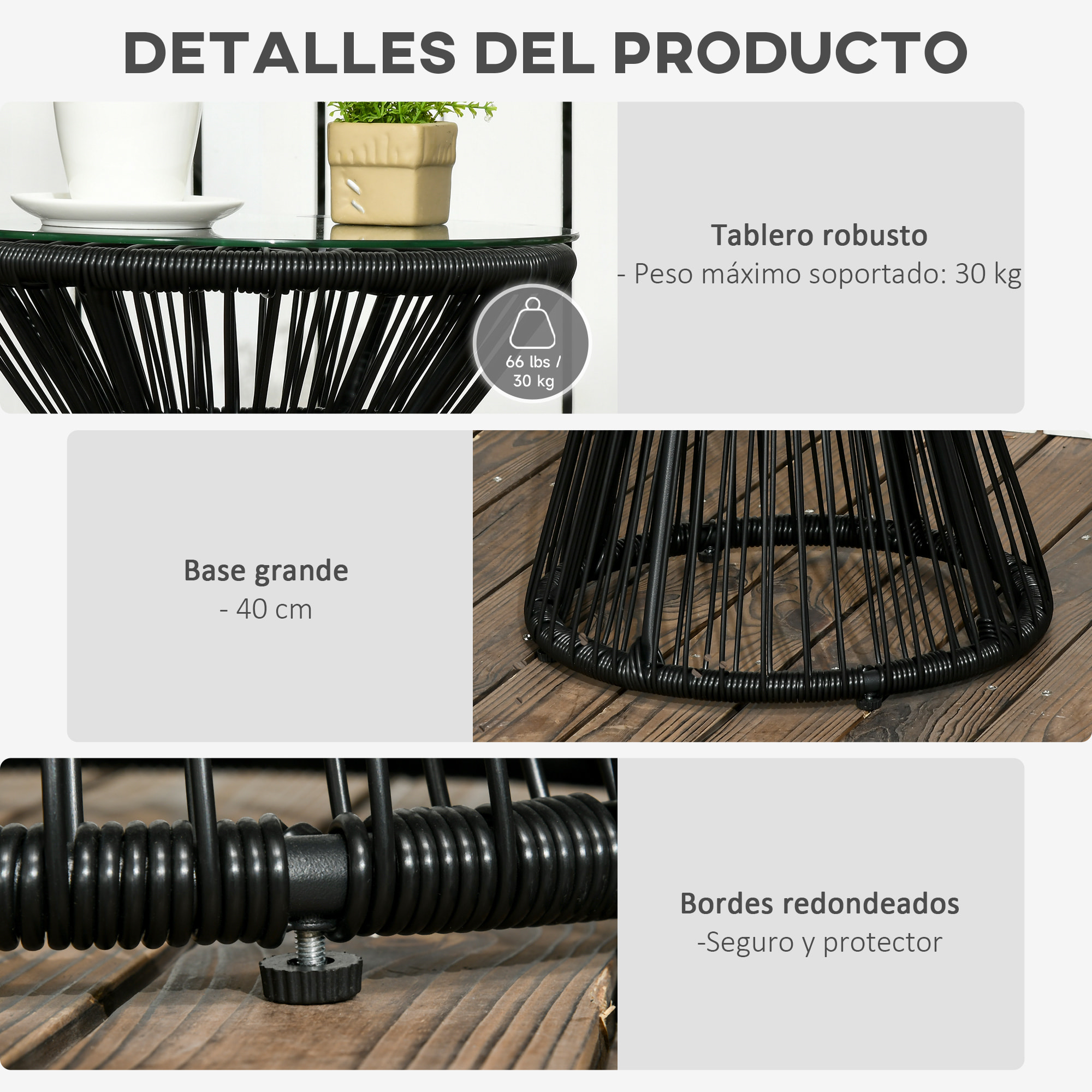 Mesa de Jardín de Ratán Sintético Mesa de Centro Redonda con Tablero de Vidrio Templado y Marco de Metal Carga 30 kg para Patio Jardín Balcón Ø40x42 cm Negro