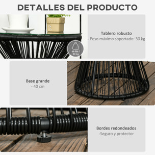 Mesa de Jardín de Ratán Sintético Mesa de Centro Redonda con Tablero de Vidrio Templado y Marco de Metal Carga 30 kg para Patio Jardín Balcón Ø40x42 cm Negro