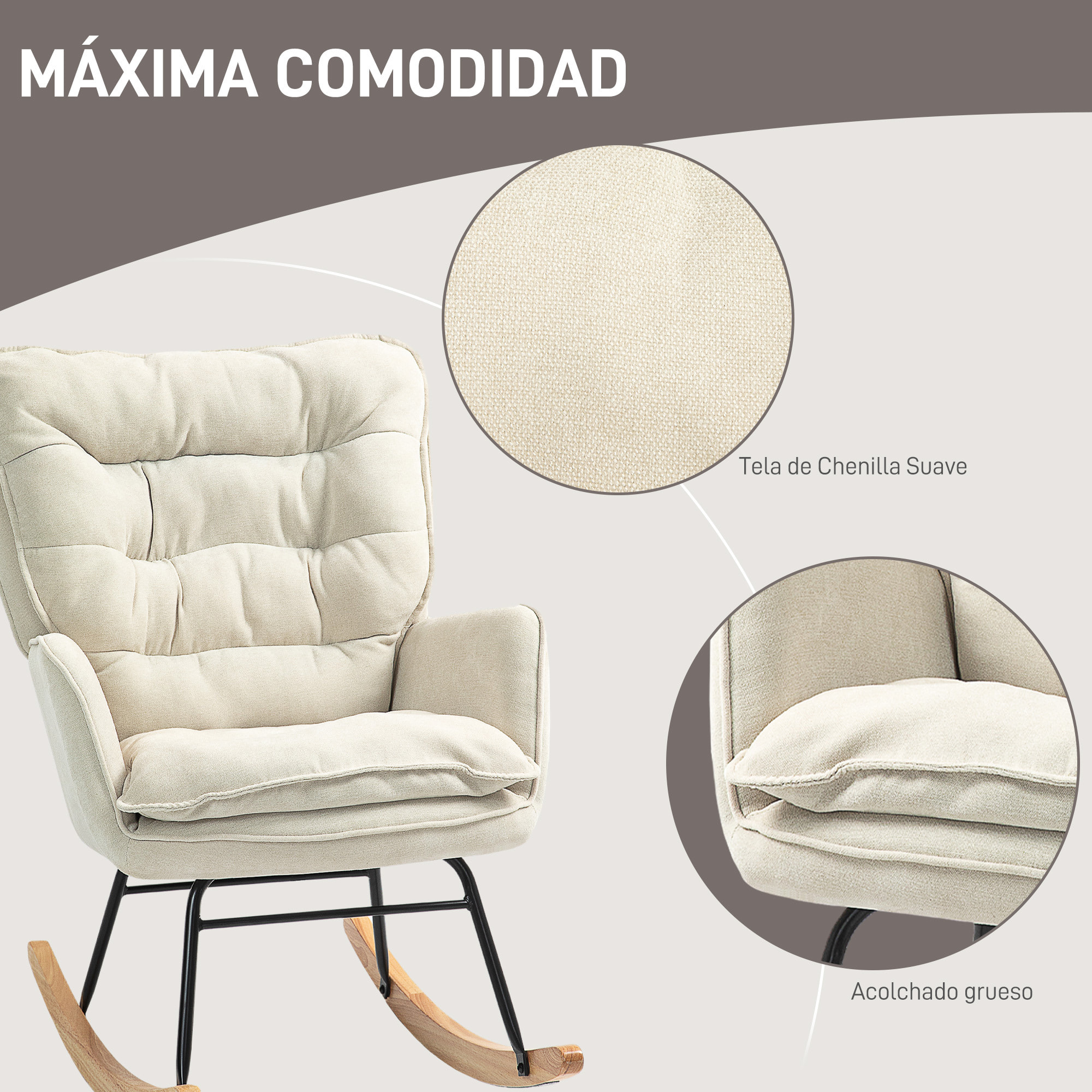 Mecedora Tapizada en Chenilla Silla Mecedora con Patas de Madera de Haya y Reposabrazos Mecedora para Lactancia Carga 120 kg para Dormitorio Salón Beige