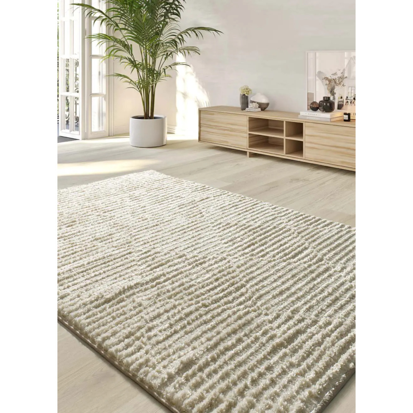 LIMA Alfombra shaggy estilo escandinavo con relieve crema, varias medidas disponibles