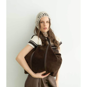 Maxi bolso de hombro marrón en serraje piel