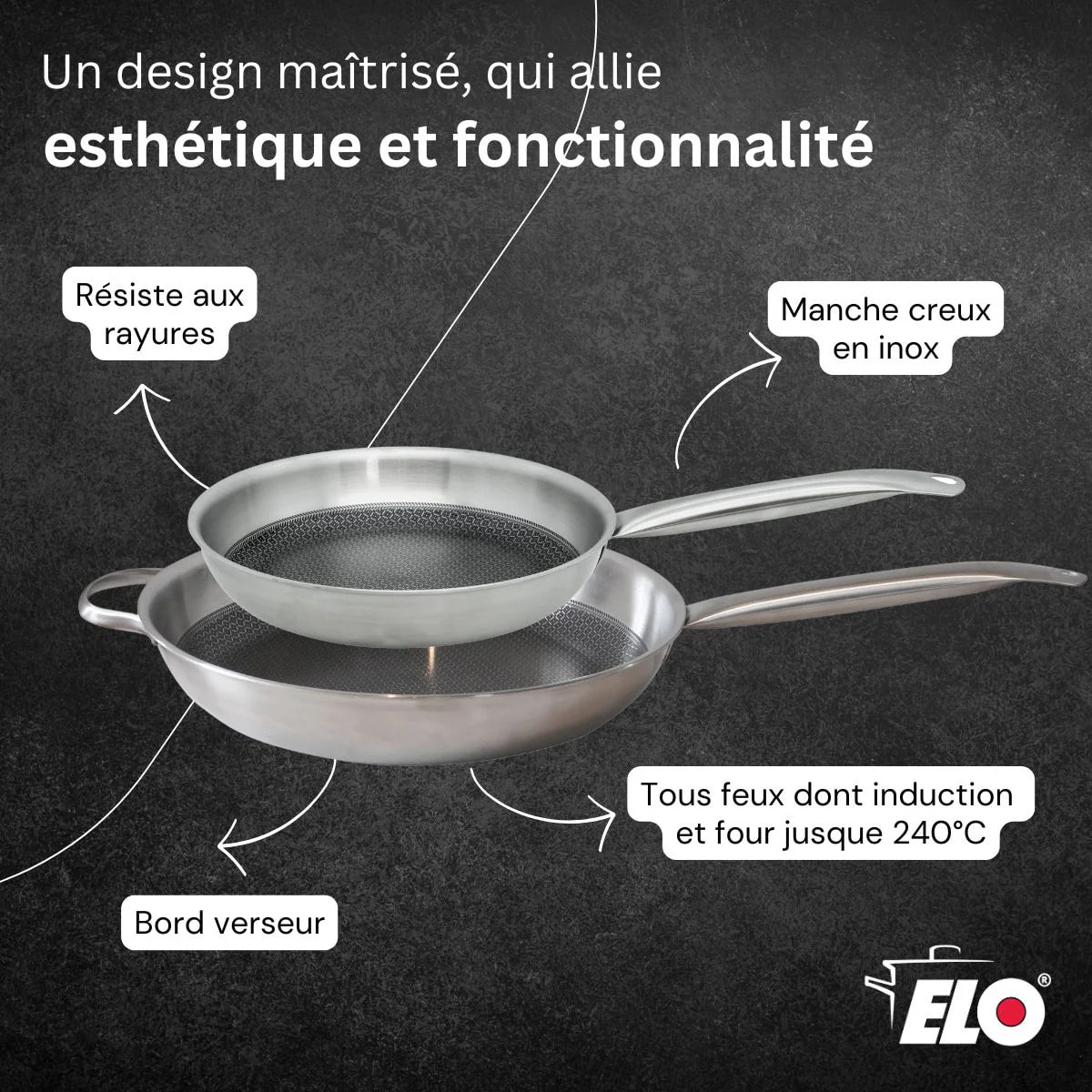Lot de 2 poêles de 24 et 32 cm avec couvercles Elo Relief Solution sans PFAS