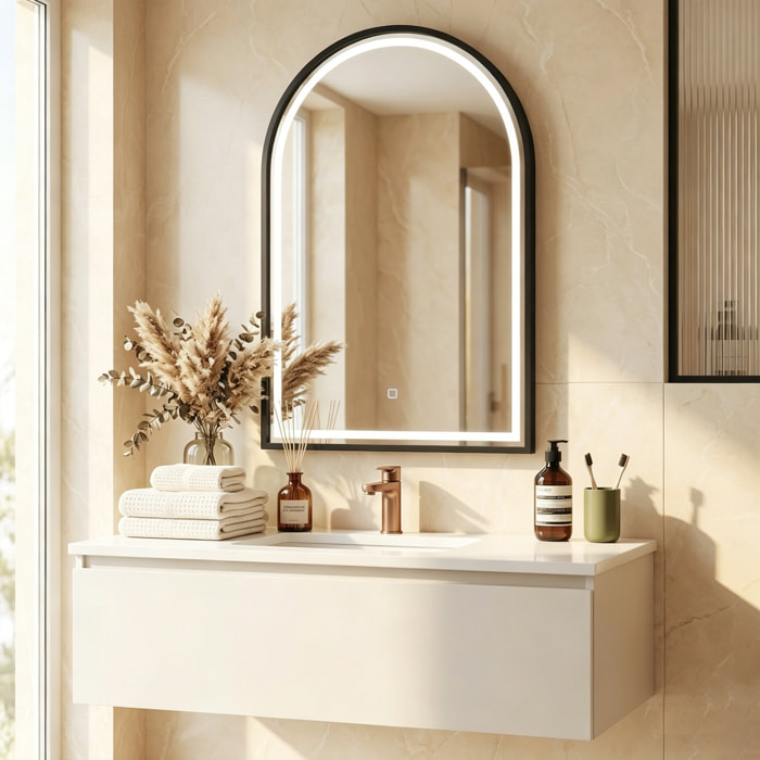 Miroir salle de bain LED design arche 60 x 90 cm anti-buée dimmable tactile réglable verre trempé alu noir