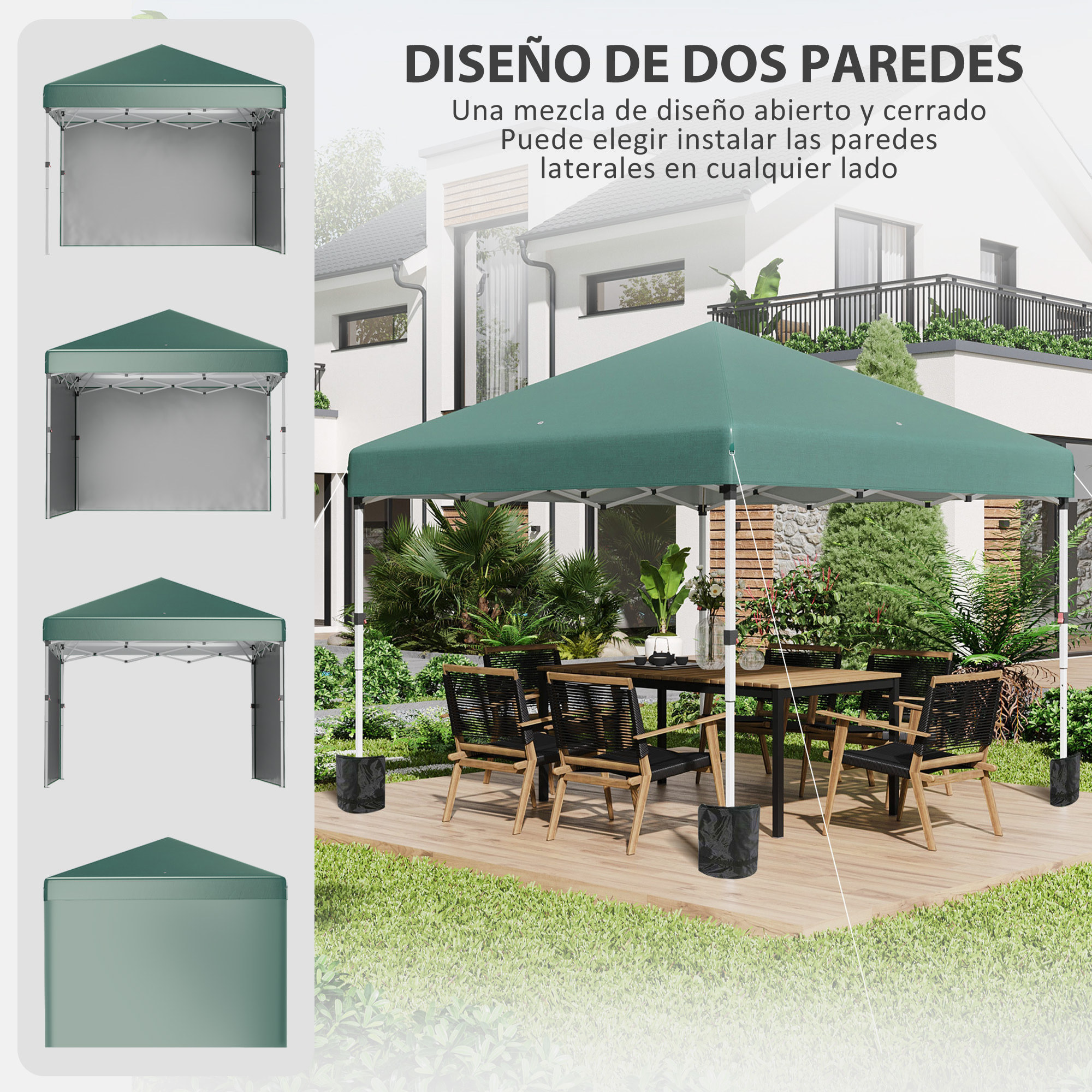Carpa Plegable Pop-up Gazebo 3x3 m Cenador Plegable con 2 Paredes Laterales Anti-UV Altura Ajustable en 3 Niveles Sacos de Arena y Bolsa de Transporte con Ruedas para Camping Fiestas Verde