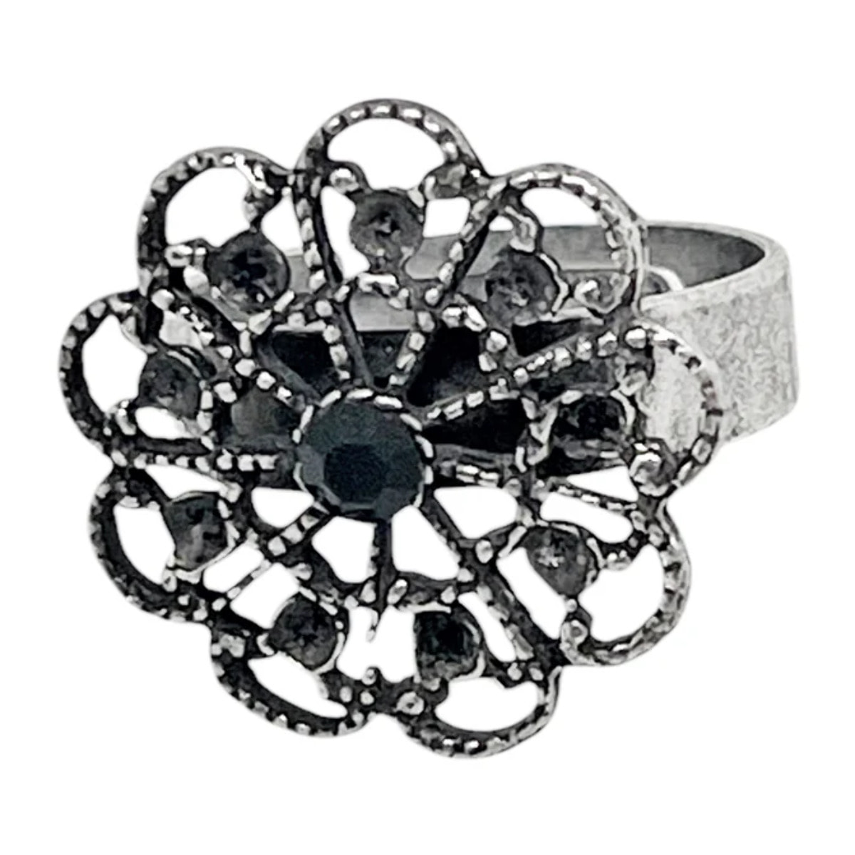Anillo Vintage redondo y cristal negro plata envejecida