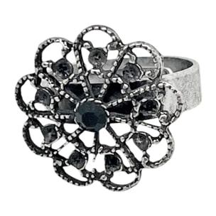 Anillo Vintage redondo y cristal negro plata envejecida