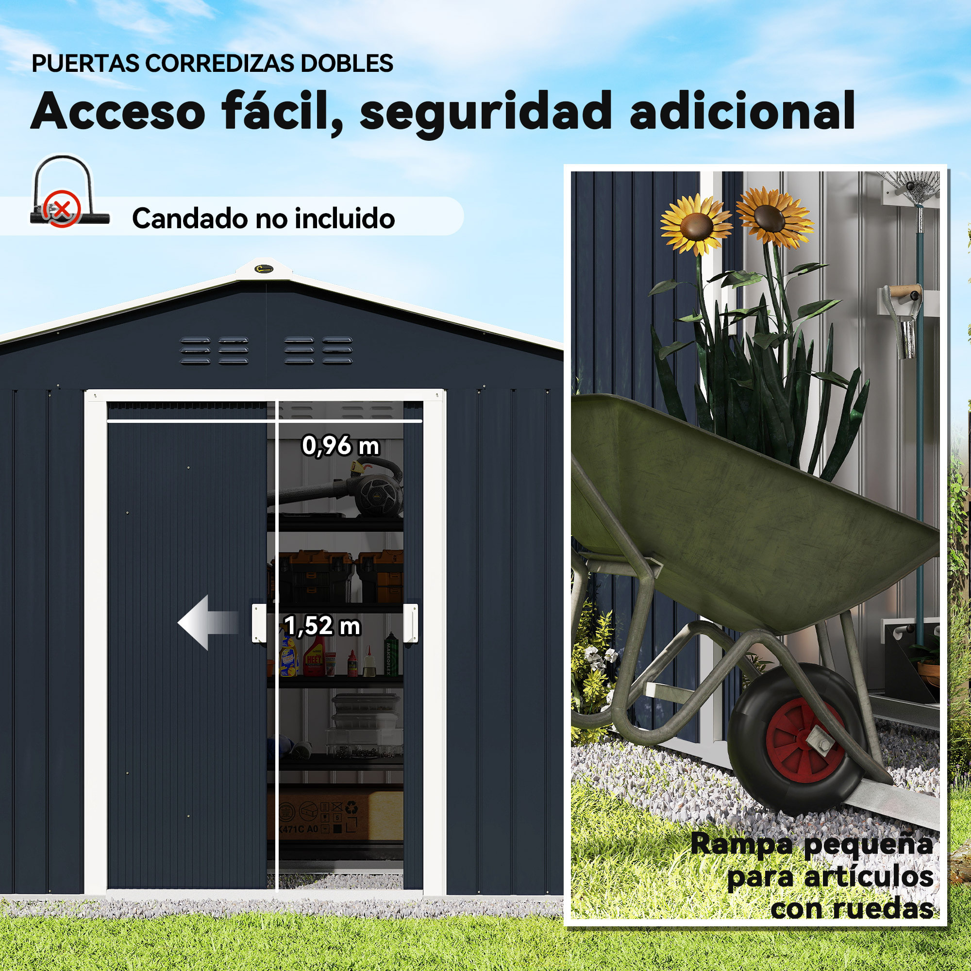 Caseta de Jardín Exterior 4,9 m² 277x195x192 cm, Cobertizo de Jardín Exterior Metálico con Techo de Fibra de Vidrio, Puerta Corredera, Base Refuerzo (Suelo NO Incluido) y Ventanas Gris Oscuro