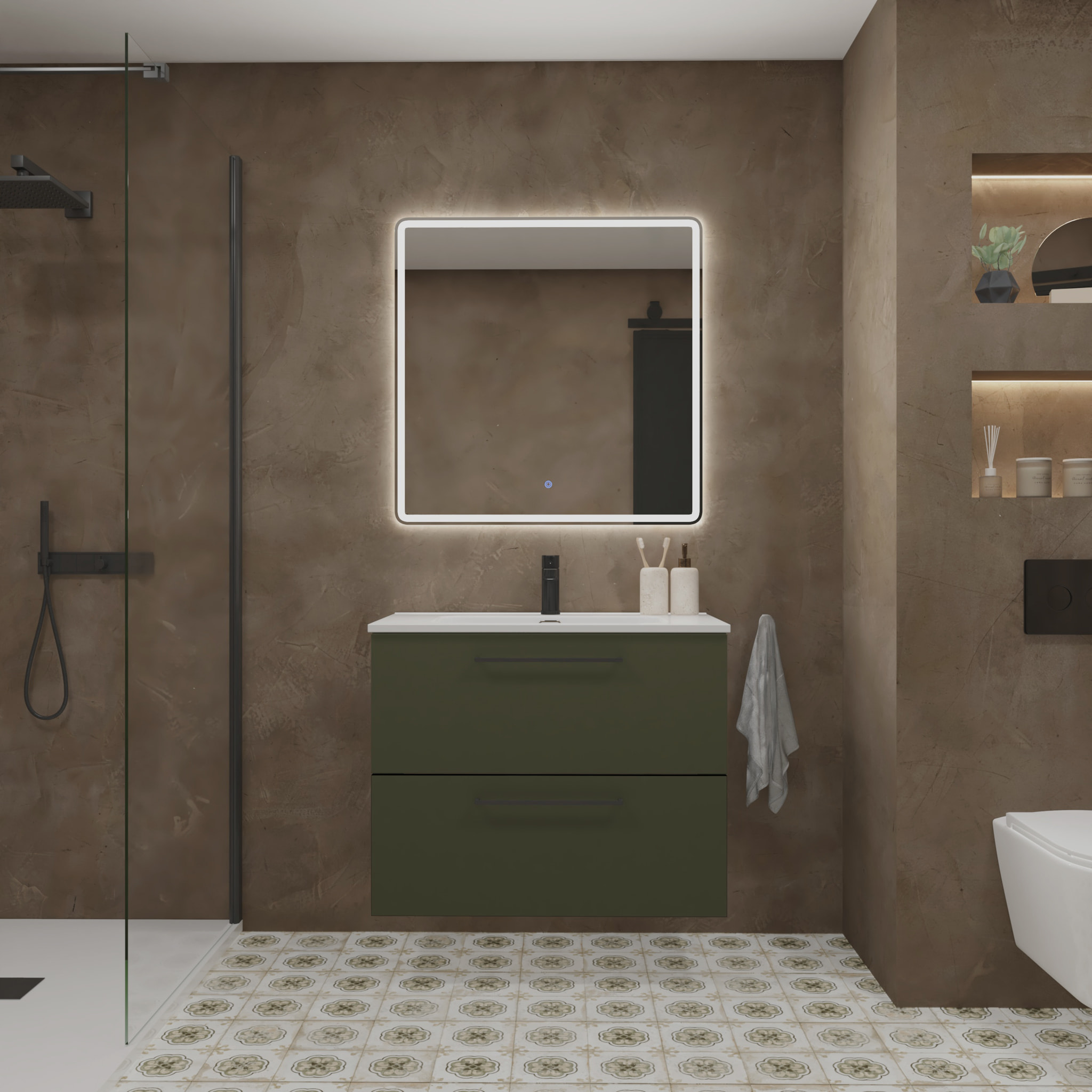 Meuble de Salle de Bain Vex | 80Cm Vert| Deux Tiroirs | Évier Encastré | Miroir non inclus | Meubles Assemblés | Alday