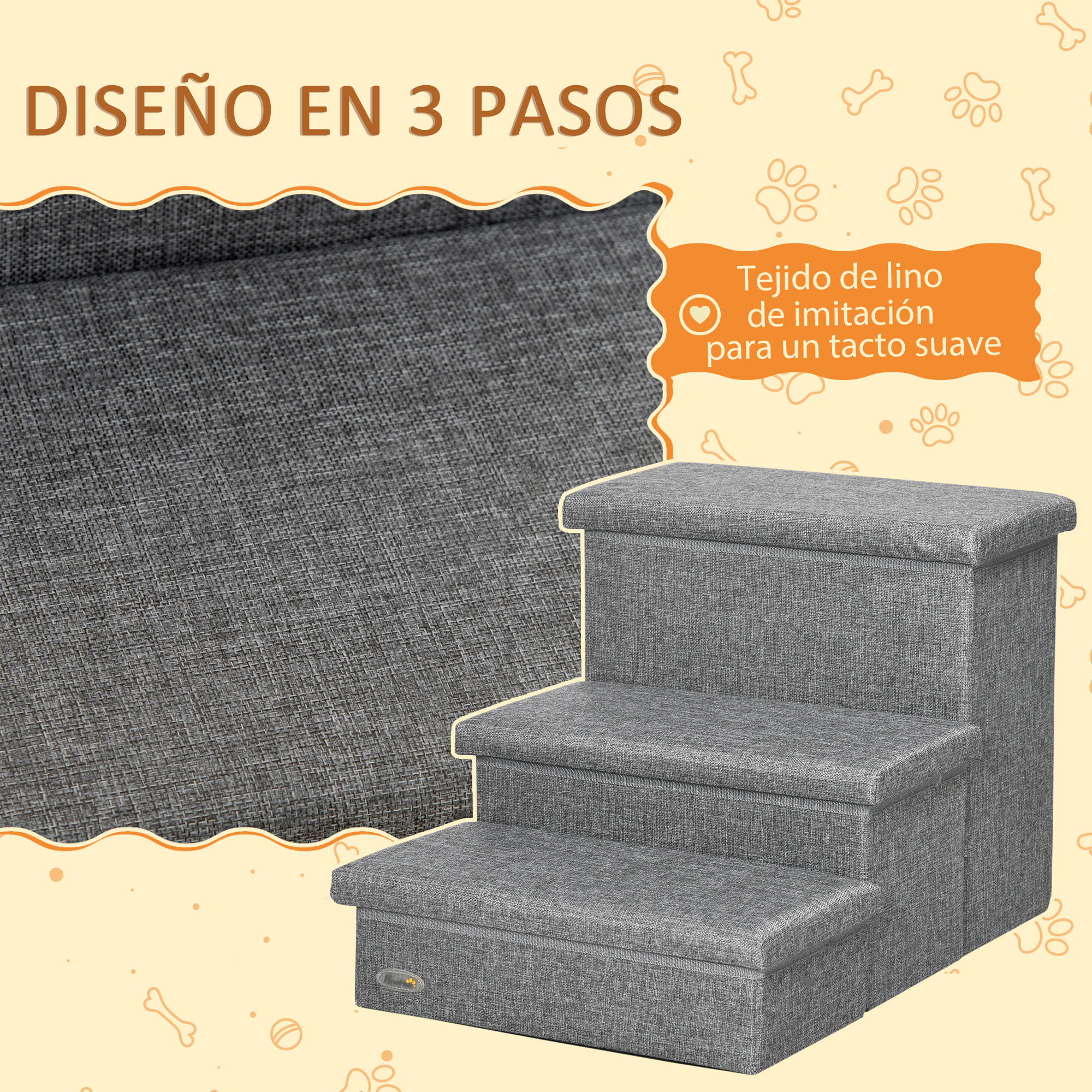 Escalera para Mascotas de 3 Peldaños Escalones para Perros Gatos con Tapas Abribles y Espacio de Almacenamiento 63,5x42,5x40,5 cm Gris