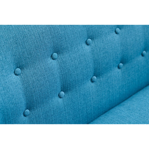Canapé scandinave déhoussable 3 places en tissu bleu canard et bois clair YNOK