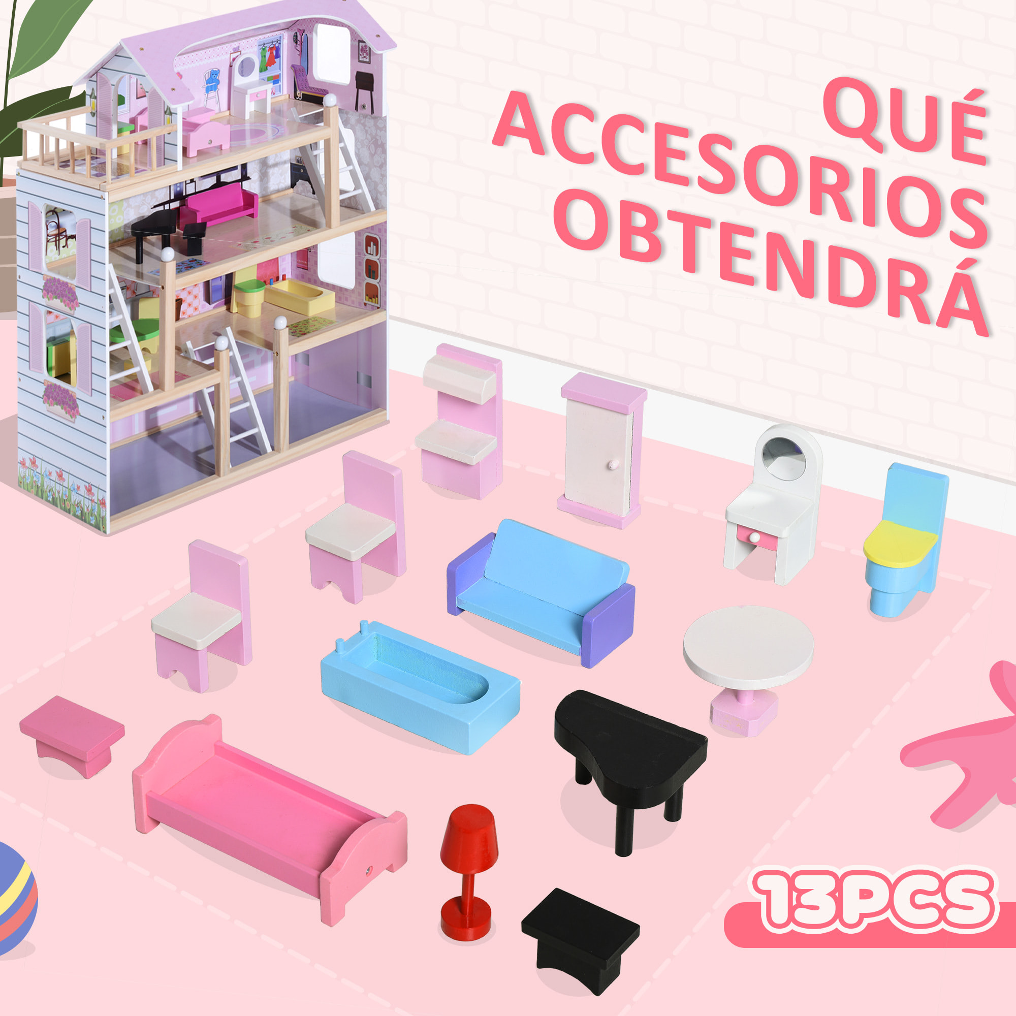 Casa de Muñecas con Muebles Mobiliario Rosado