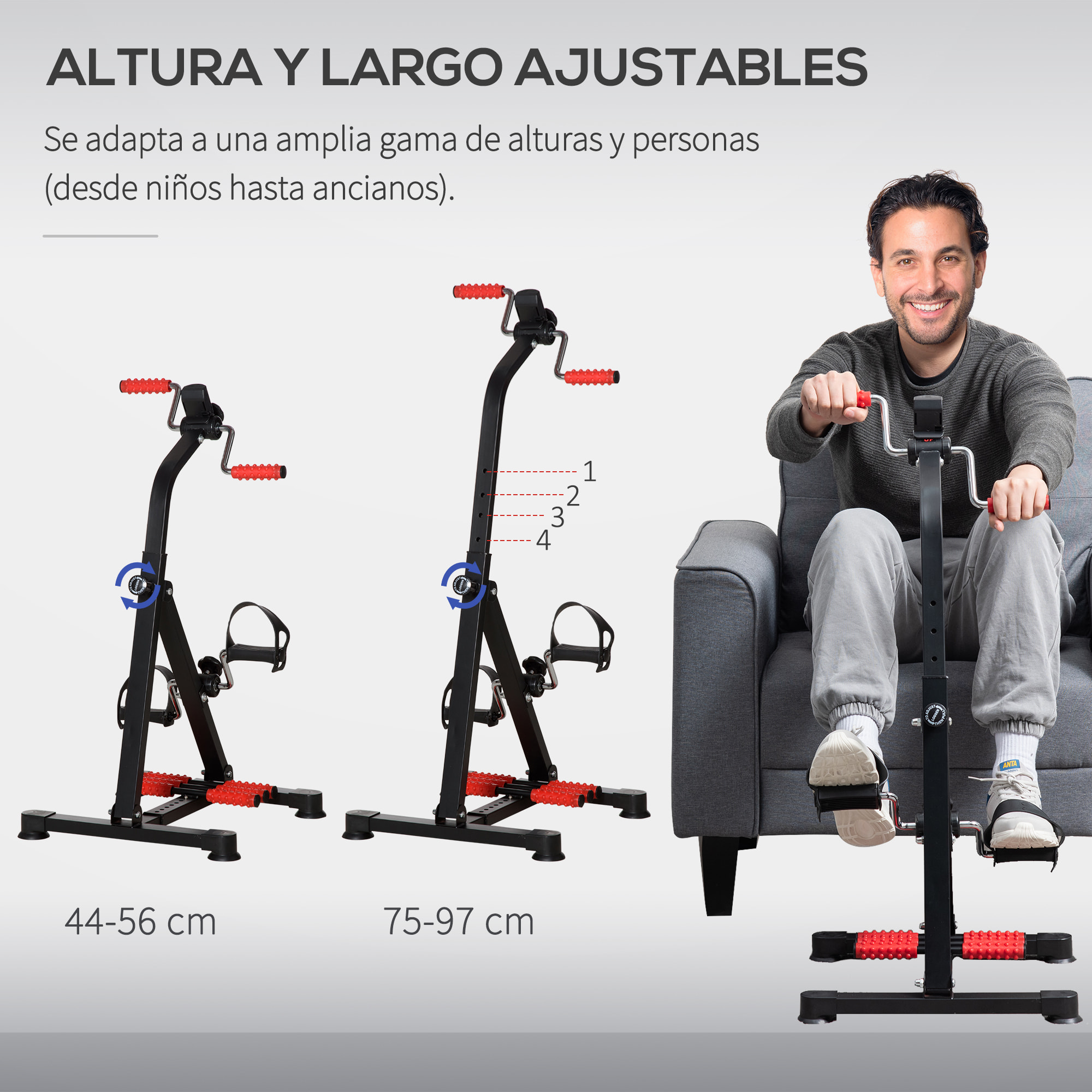 Pedales Estáticos Personas Mayores, Pedaleador Ejercitador de Piernas y Brazos, Altura Ajustable 75-97 cm, Ancho Regulable 44-56 cm, con Pantalla LCD y Rodillo Masajeador para Pies