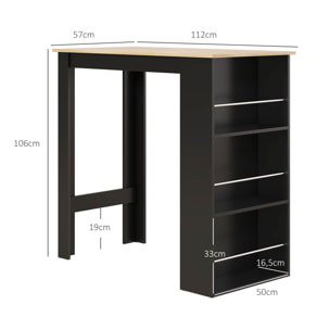 Mesa Alta de Bar, Mesa de Cocina con 3 Estantes Laterales, Estilo Moderno, para Comedor, Salón, 112x57x106 cm, Negro y Natural