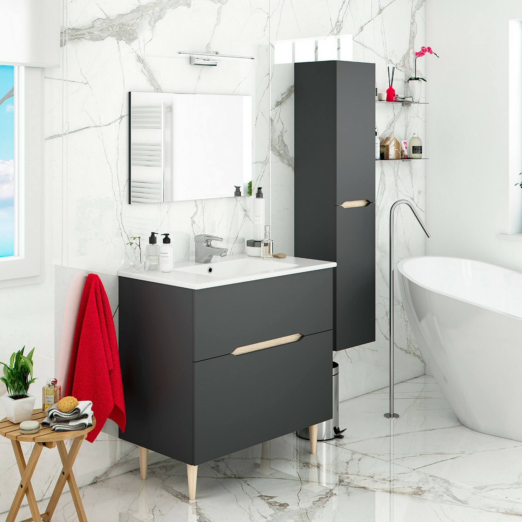 Mobile sottolavabo Yarmouth, Sotto lavabo bagno, Mobiletto da bagno con specchio, Lavabo non incluso, 80x45h80 cm, Antracite e Rovere