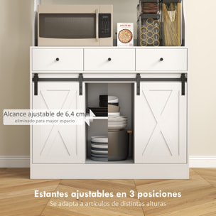 Alacena de Cocina Mueble Auxiliar de Cocina con 2 Puertas Corredizas 3 Cajones Encimera para Microondas y Estantes Ajustables Estilo Granja Blanco 93,5x40x180 cm