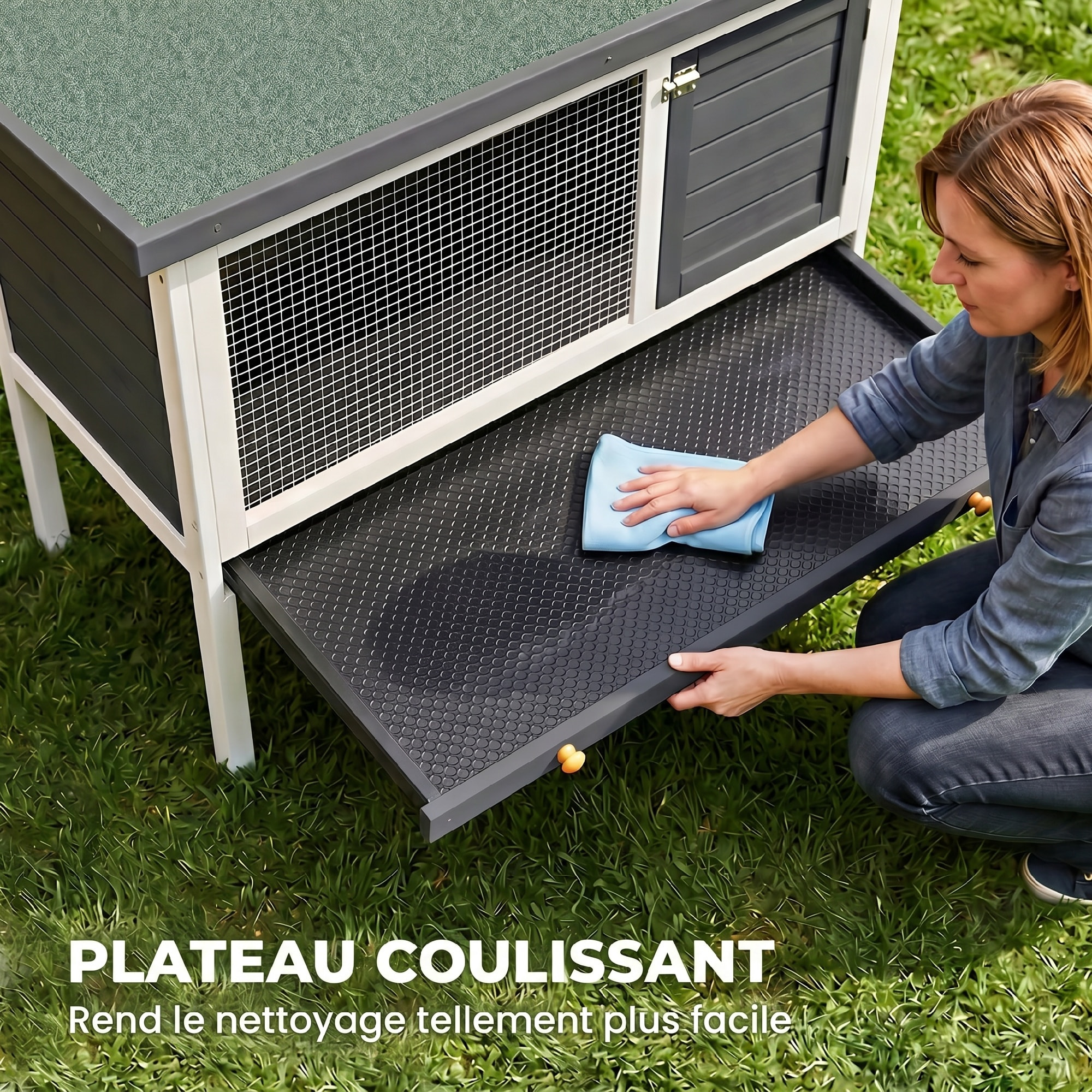 Clapier sur pied cage à lapin avec niche intérieure toit ouvrant porte verrouillable dim. 90L x 45l x 65H cm gris blanc vert