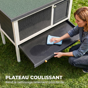 Clapier sur pied cage à lapin avec niche intérieure toit ouvrant porte verrouillable dim. 90L x 45l x 65H cm gris blanc vert