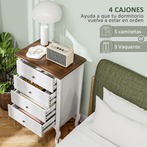 Cómoda con 4 Cajones Cómoda de Dormitorio Estilo Francés con Diseño Anti-vuelco Cajonera para Salón Pasillo 60x40x98,5 cm Blanco y Roble