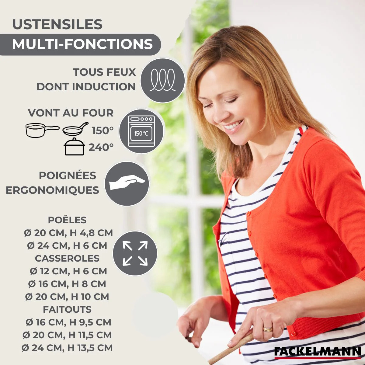 Set 2 poêles 20 24 cm 3 casseroles 12 16 20 cm, 3 faitouts 16, 20 et 24 cm en inox et 6 ustensiles RPET Fackelmann Geneva