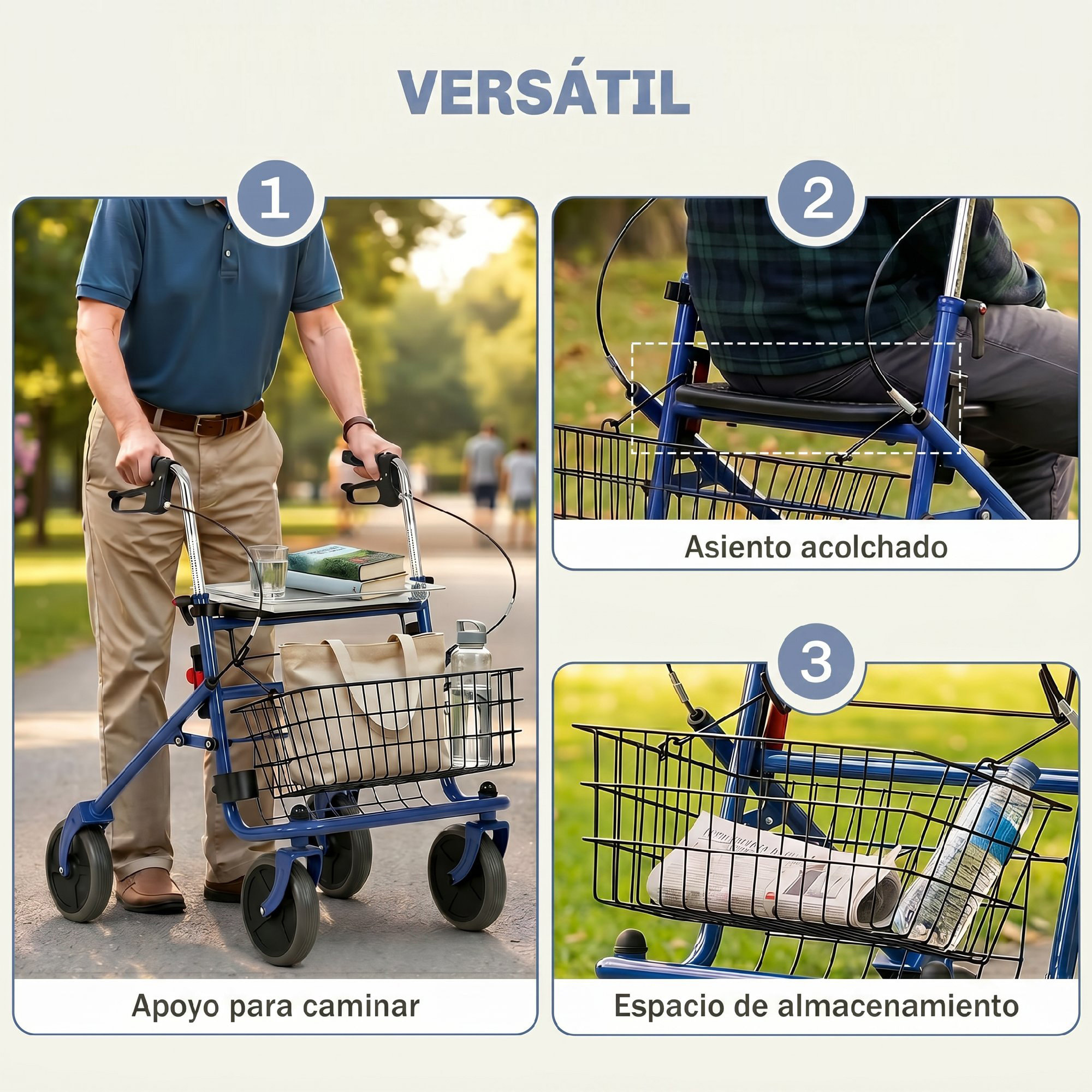 Andador para Ancianos Plegable, Andadores Adultos para Personas Mayores con Asiento y 4 Ruedas Altura Ajustable Frenos de Maneta Cesta Bandeja y Porta Bastón Azul
