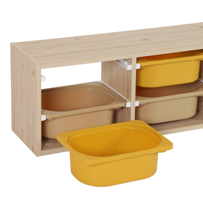 Meuble de rangement naturel pour enfant. 6 bacs en plastique moutarde taupe - Sora