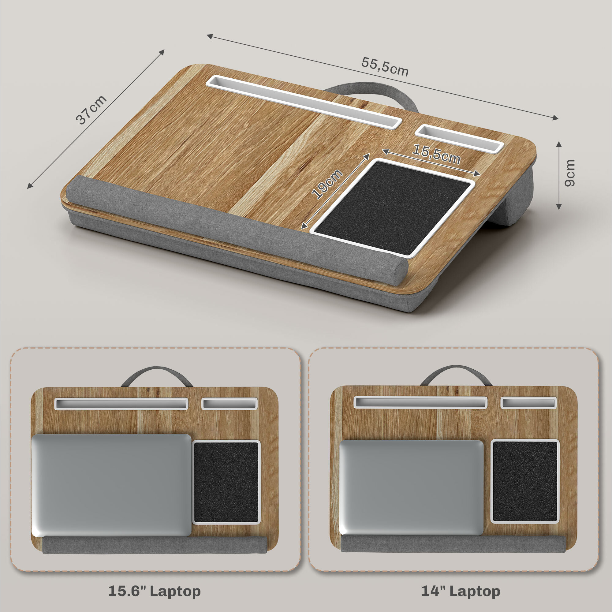 Support ordinateur laptop - plateau lit - table de lit avec coussinets et rangements - aspect chêne clair